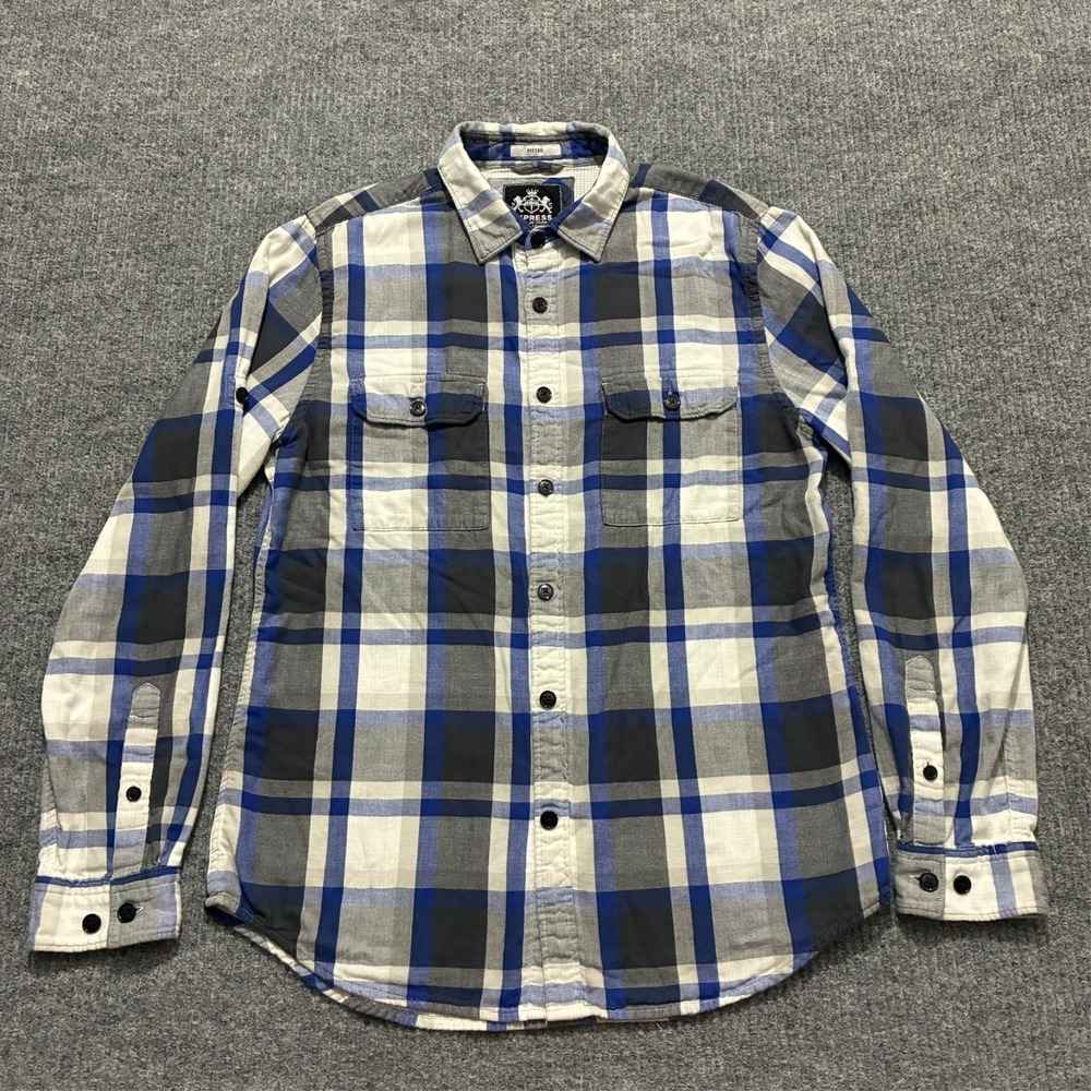 Express Fitted Mens Button Up Shirt Size‎ Medium Blue Gray Plaid Long Sleeve